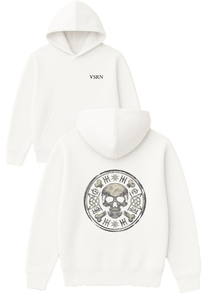 Işlemeli Kuru Kafa Tasarım Baskılı Oversize Beyaz Kapüşonlu Sweatshirt