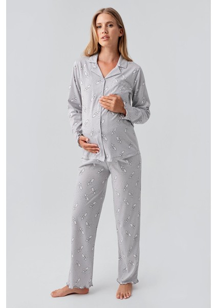 Uzun Kollu Desenli Düğmeli Esnek Pamuklu Hamile Pijama Takım 18200