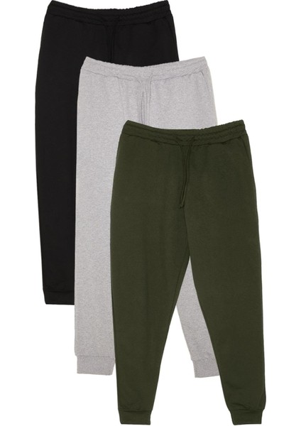 Erkek 3'lü Paket Siyah-Gri-Haki Regular Fit Beli Bağcıklı Jogger Cepli Lastikli Paça Eşofman Altı