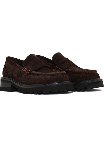 Kadın Kahverengi Kalın Tabanlı Süet Deri Loafer 25AFD270510 modelleri