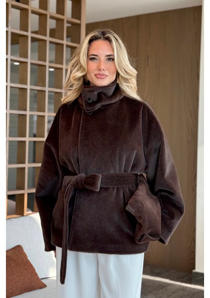 Acı Kahve Yaka Düğmeli Kuşaklı Peluş Ceket - 1624