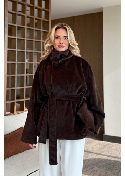 Acı Kahve Yaka Düğmeli Kuşaklı Peluş Ceket - 1624 fiyatları