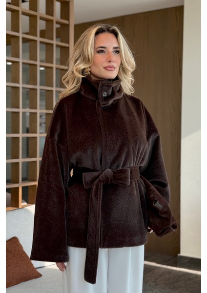 Acı Kahve Yaka Düğmeli Kuşaklı Peluş Ceket - 1624 modelleri