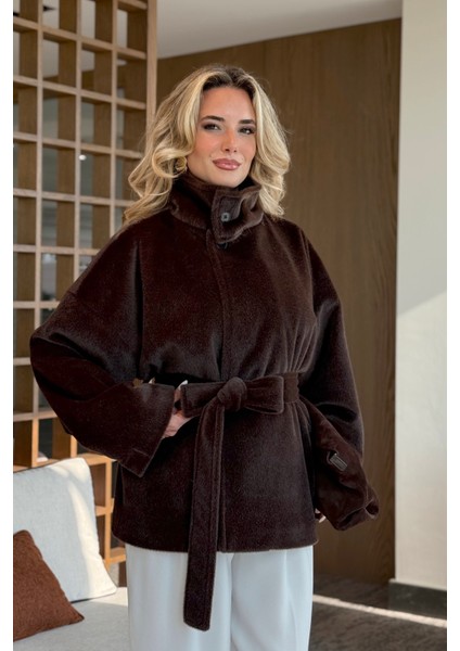 Acı Kahve Yaka Düğmeli Kuşaklı Peluş Ceket - 1624 fırsatları