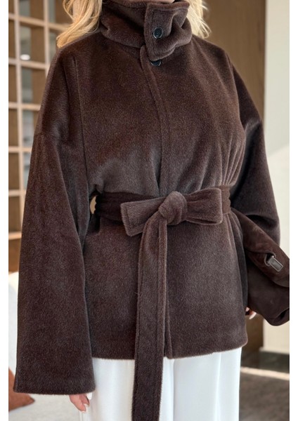 Acı Kahve Yaka Düğmeli Kuşaklı Peluş Ceket - 1624 indirimleri
