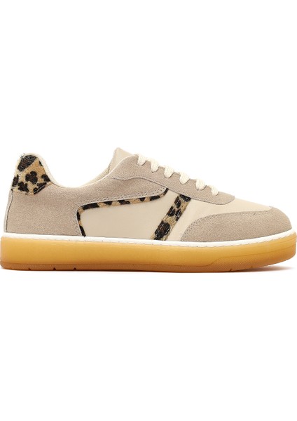 Kadın Bej Bağcıklı Kalın Tabanlı Desenli Deri Sneaker 25AFE145314