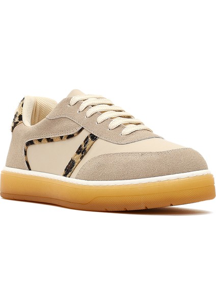 Kadın Bej Bağcıklı Kalın Tabanlı Desenli Deri Sneaker 25AFE145314