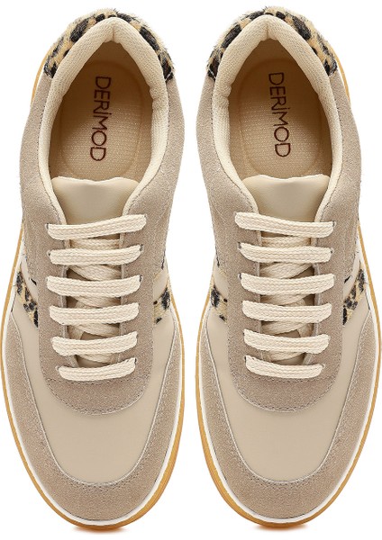 Kadın Bej Bağcıklı Kalın Tabanlı Desenli Deri Sneaker 25AFE145314