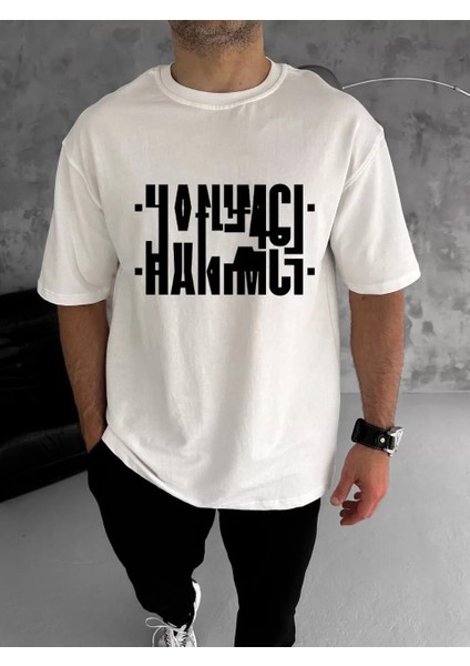 Unisex Bisiklet Yaka Katlanan Baskılı T-Shirt - Beyaz