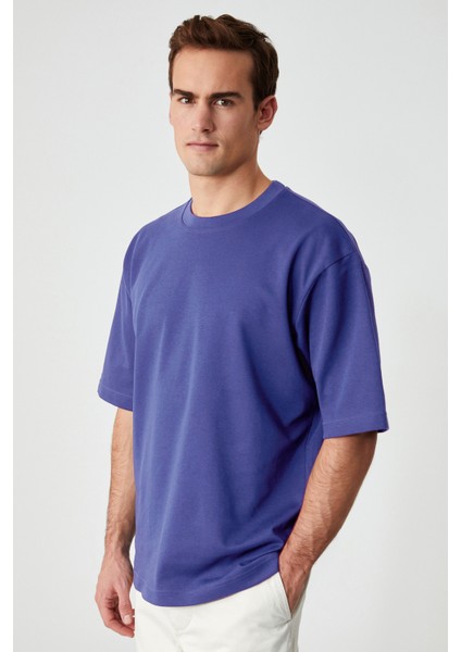 Solo Erkek %100 Organik Pamuklu Kalın Dokulu Comfort Fit Bisiklet Yakalı İndigo T-Shirt