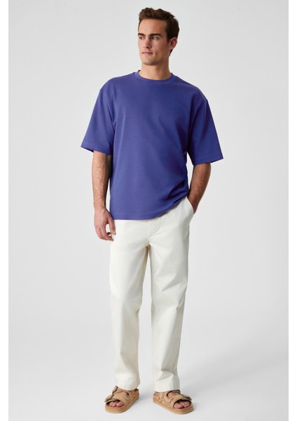 Solo Erkek %100 Organik Pamuklu Kalın Dokulu Comfort Fit Bisiklet Yakalı İndigo T-Shirt fırsatları