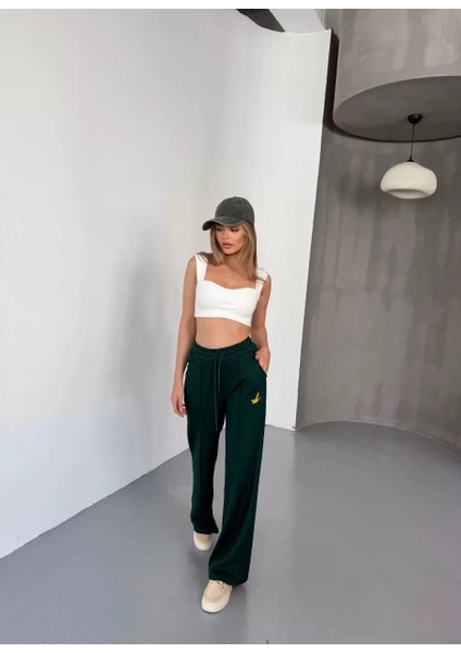 Osy Modal Yumuşak Dokulu Kumaş Nakış Işlemeli Rahat Bol Paça Eşofman Pantalon - Yeşil