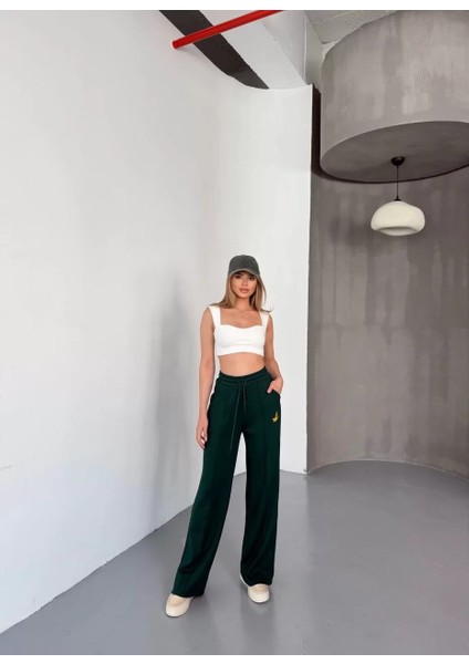 Osy Modal Yumuşak Dokulu Kumaş Nakış Işlemeli Rahat Bol Paça Eşofman Pantalon - Yeşil fırsatları