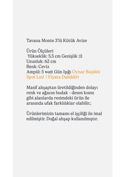 3'lü Tavana Monte Ahşap Kütük Avize Rustik Otantik Dekoratif Salon Otel Cafe Aydınlatma