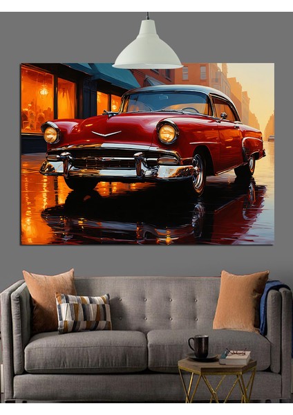 Kırmızı Klasik Otomobil Dekoratif Kanvas - Mdf Ahşap Tablo