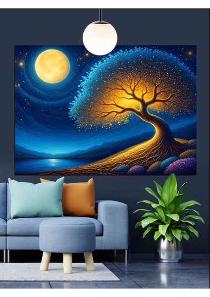 Gece Ağacı Ay Işığında Dekoratif Kanvas - Mdf Ahşap Tablo