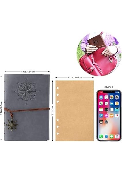 Deri Not Defteri, Klasik Spiral Not Defteri, Doldurulabilir Günlük, Eskiz Defteri, Astarsız Seyahat Günlükleri, Kız ve Erkek Çocukları Için Yazı Yazmak Için (Gri) fiyatları