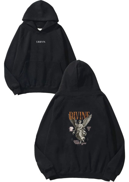 Divine Tasarım Baskılı Oversize Siyah Kapüşonlu Sweatshirt