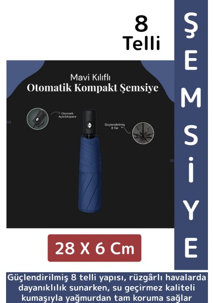 Kompakt Çanta Boy Seyahat Tipi Dayanıklı Otomatik Açma Kapama Güçlendirilmiş 8 Telli Kılıflı Şemsiye