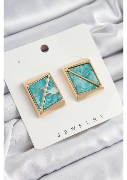 Pirinç Turkuaz Üçgen Kesim Detaylı Kare Model Vintage Gold Renk Kadın Küpe