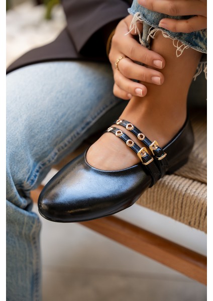 Pari Siyah Deri Gold Tokalı Babet fiyatları