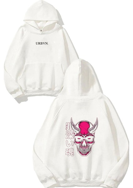 Japanese Skull Tasarım Baskılı Oversize Beyaz Kapüşonlu Sweatshirt