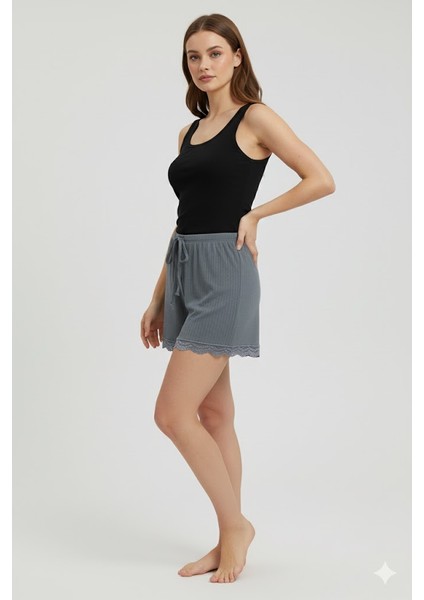 Bambu Fitilli Kadın Ev Şortu Bacak Dantel Detaylı Ev Giyim Gri fiyatları