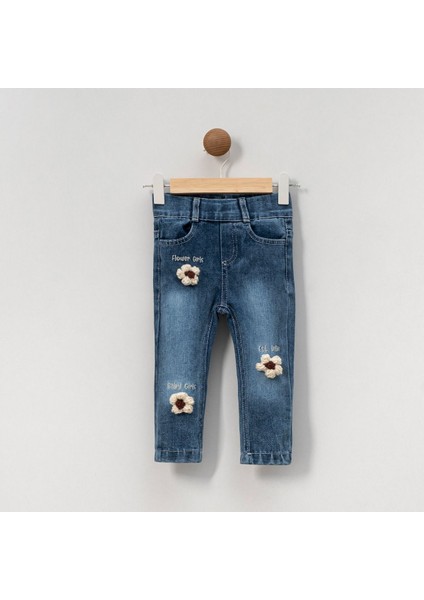 OV-7427 Kız Çocuk Çiçek Işlemeli Mavi Denim Pantalon