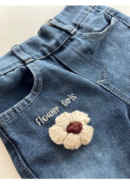 OV-7427 Kız Çocuk Çiçek Işlemeli Mavi Denim Pantalon indirimleri