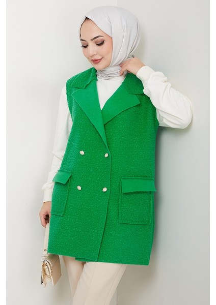 Kapak Cepli Düğmeli Yelek 1649 - Yeşil