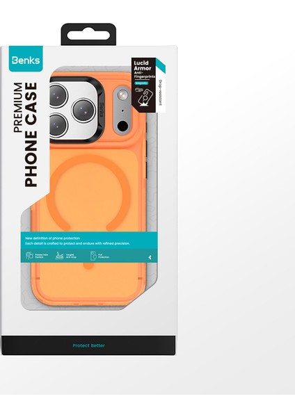 iPhone 17 Pro Max Uyumlu Kılıf M-Safe Şarj Özellikli Benks C-Magnet Lucid Armor Kapak Turuncu modelleri