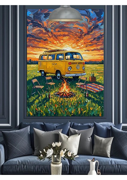 Sahilde Park Edilmiş Sarı Minibüs Dekoratif Kanvas - Mdf Ahşap Tablo