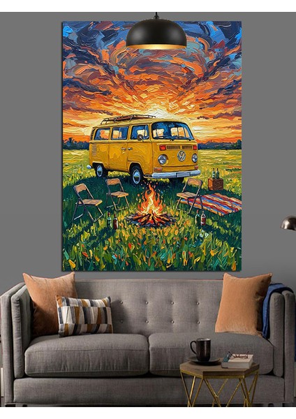 Sahilde Park Edilmiş Sarı Minibüs Dekoratif Kanvas - Mdf Ahşap Tablo fiyatları