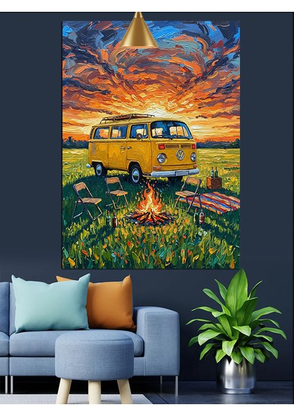 Sahilde Park Edilmiş Sarı Minibüs Dekoratif Kanvas - Mdf Ahşap Tablo modelleri