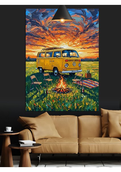 Sahilde Park Edilmiş Sarı Minibüs Dekoratif Kanvas - Mdf Ahşap Tablo fırsatları