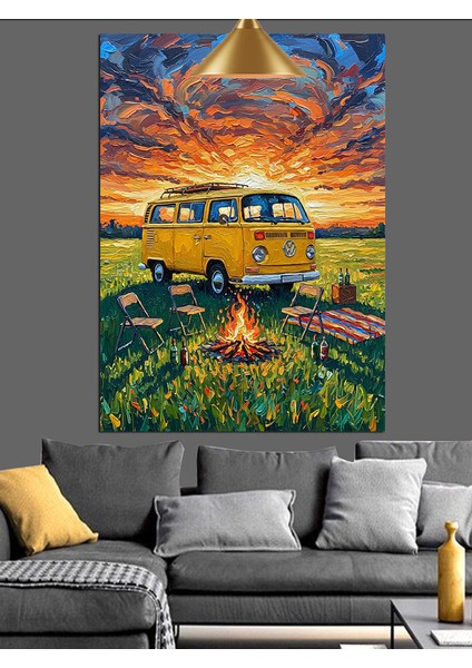 Sahilde Park Edilmiş Sarı Minibüs Dekoratif Kanvas - Mdf Ahşap Tablo indirimleri