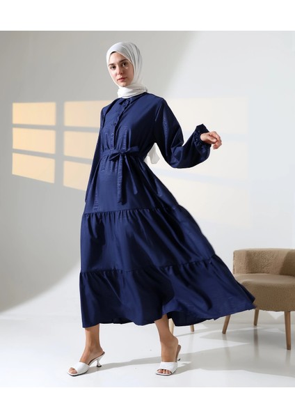 Kadın 100% Pamuk Viskon Desenli Lacivert Tesettür Elbise