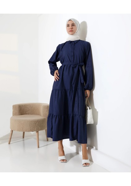 Kadın 100% Pamuk Viskon Desenli Lacivert Tesettür Elbise modelleri