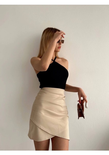 Yandan Drapeli Asimetrik Etek Bej S24771 fiyatları