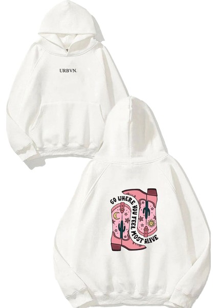 Go Where Tasarım Baskılı Oversize Beyaz Kapüşonlu Sweatshirt