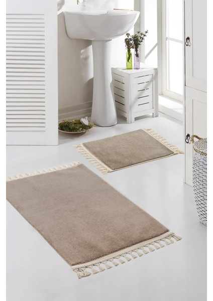 Yıkanabilir Premium Ponpon Saçaklı Kaymaz Taban Post Peluş Banyo Paspası 2'li Takım Bej mt