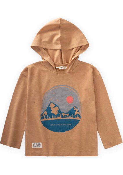 Baskılı Kapşonlu Mevsimlik T-Shırt 2-10 Yaş Camel