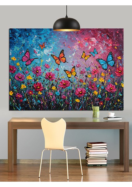 Uçuşan Kelebekler Çiçek Tarlası Dekoratif Kanvas - Mdf Ahşap Tablo