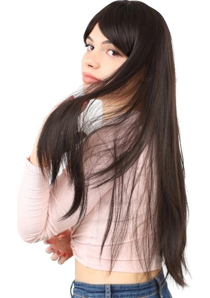 Fiber Sentetik Uzun Düz Kahküllü Peruk - Kahverengi fırsatları