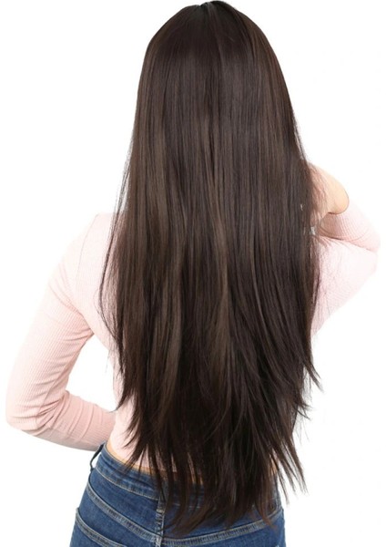 Fiber Sentetik Uzun Düz Kahküllü Peruk - Kahverengi indirimleri