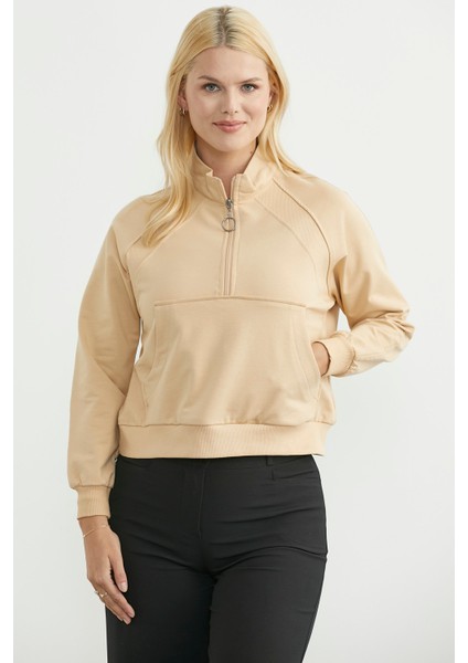Dik Yaka Kanguru Cepli Crop Sweatshirt - Bej fiyatları