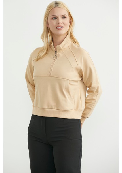 Dik Yaka Kanguru Cepli Crop Sweatshirt - Bej modelleri