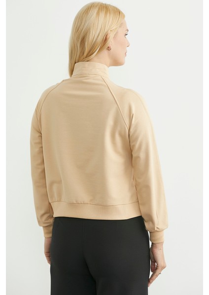 Dik Yaka Kanguru Cepli Crop Sweatshirt - Bej indirimleri