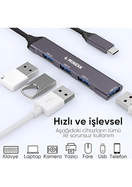 Usb-C Hub Laptop ve Macbook ile Uyumlu USB Çoklayıcı /3x USB 2.0 / 1x USB 3.0 / Çevirici Adaptör (4-In 1 USB Hub) fiyatları