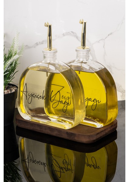 2li Lüx 500 ml Yağdanlık Ahşap Standlı Gold Kapak Cam Yağlık Zeytinyağı Ayçiçek Yağı Sosluk Sirkelik